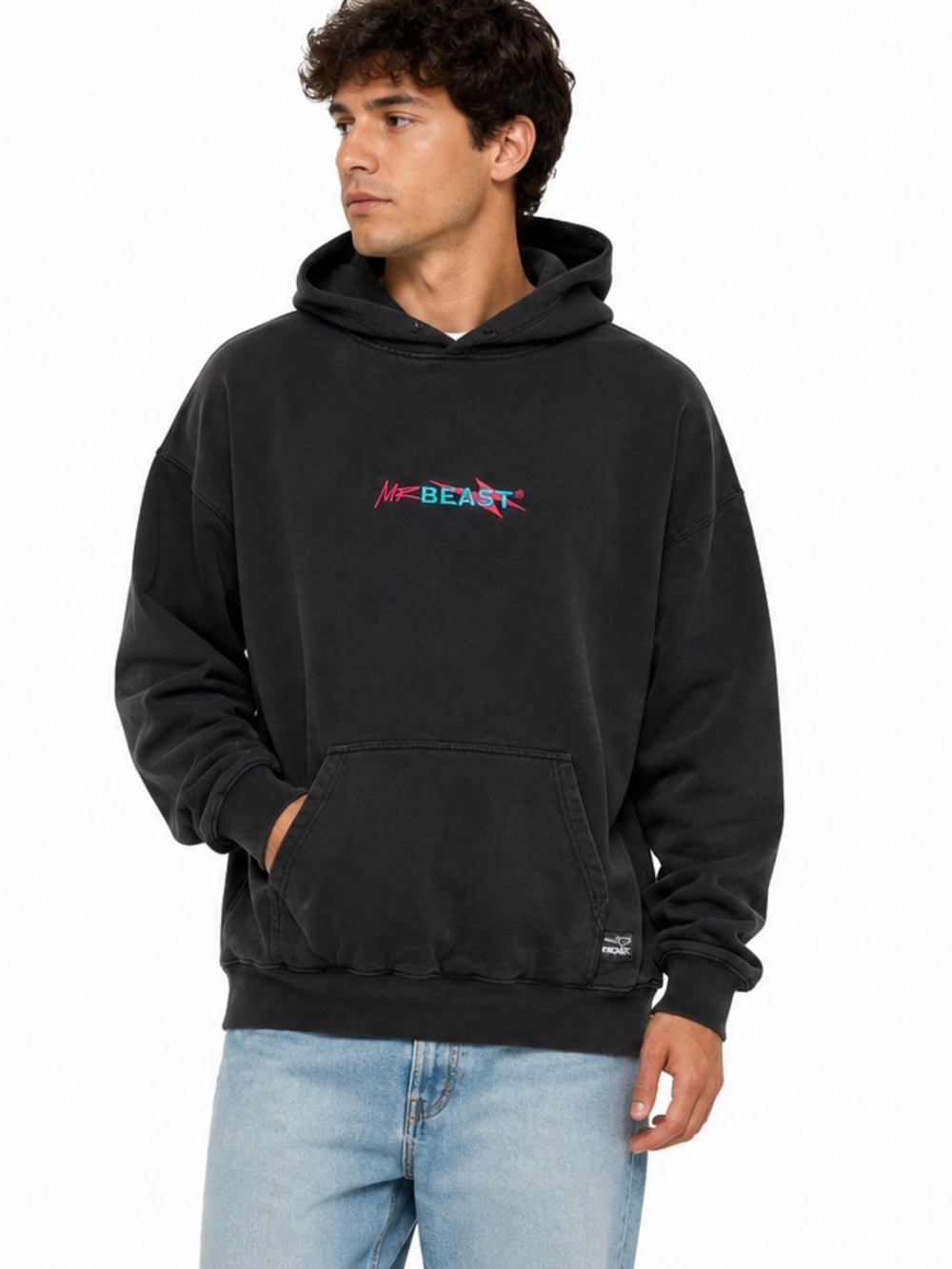 MrBeast Embroidered Logo Oversized Hoodie Black Medium 100% Cotton